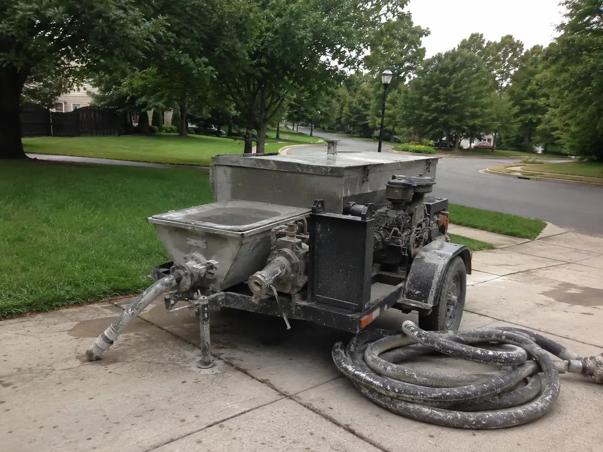 Mudjacking pump and hopper set up on a driveway in Columbia, MD