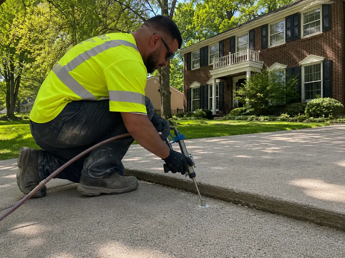 Polyjacking a sunken driveway slab with polyurethane foam in Columbia, MD